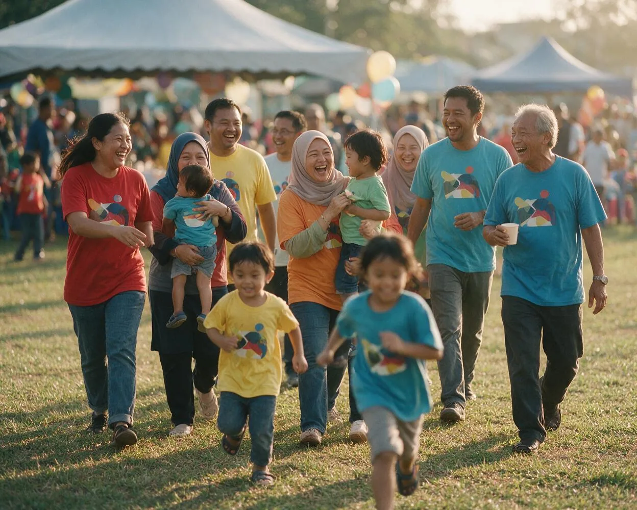 Family day t-shirt promo package — three generations of a family in matching custom printed tees at a family day carnival, SAC Garment Shah Alam