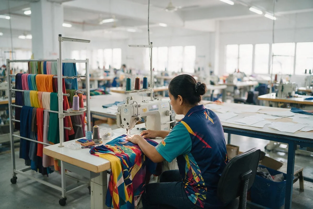 Proses cut and sew di kilang jahit SAC Garment, Shah Alam, Selangor