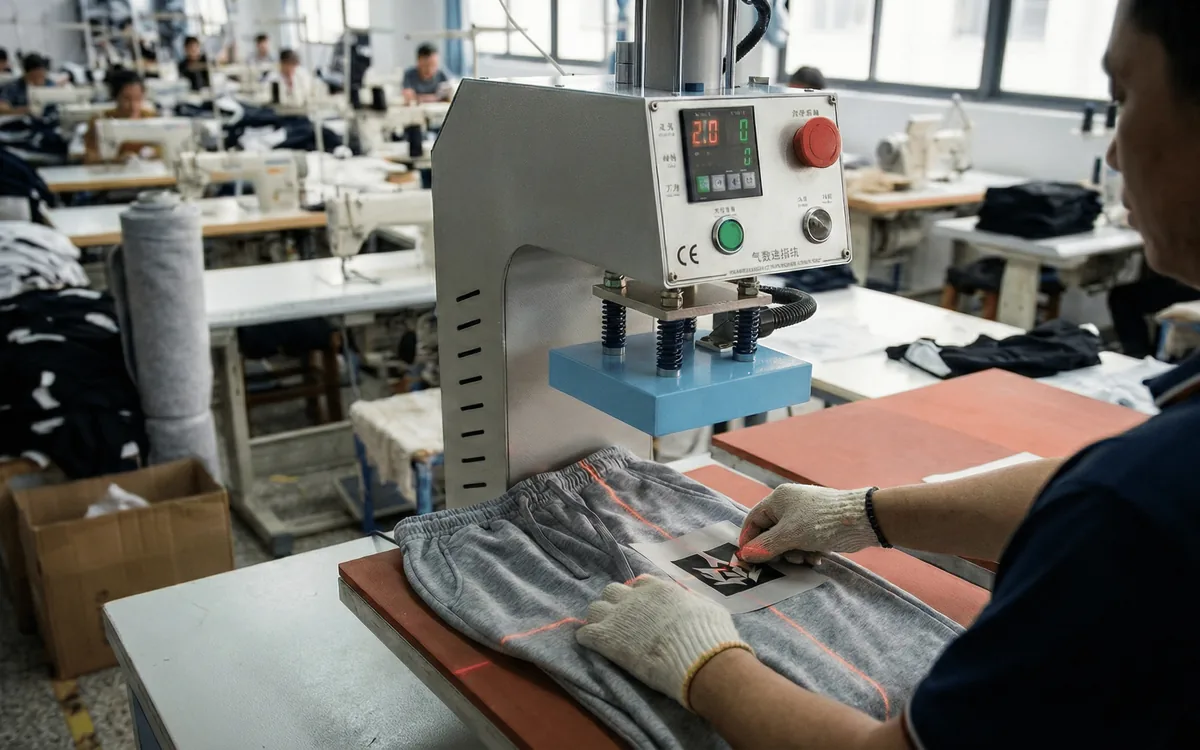 Cetakan heatpress dipindahkan ke baju event di kilang SAC Garment, Shah Alam