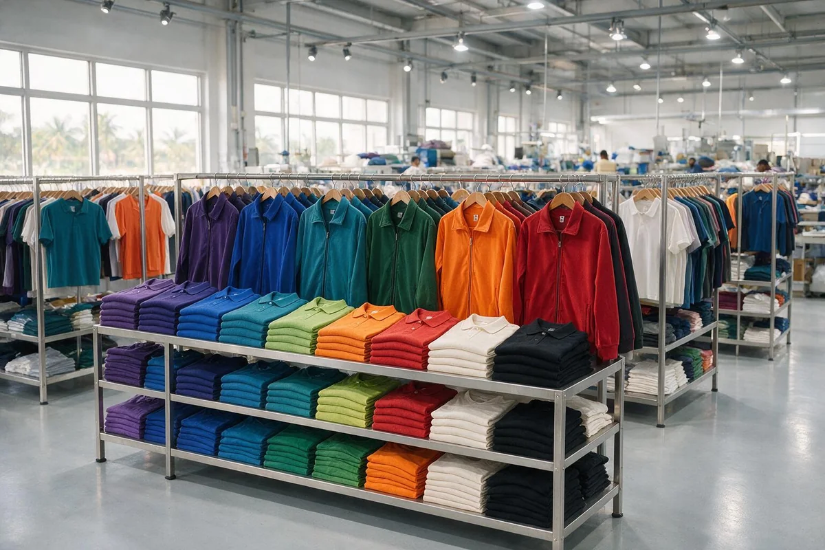 Rak pakaian siap sedia untuk cetakan custom di SAC Garment, Shah Alam